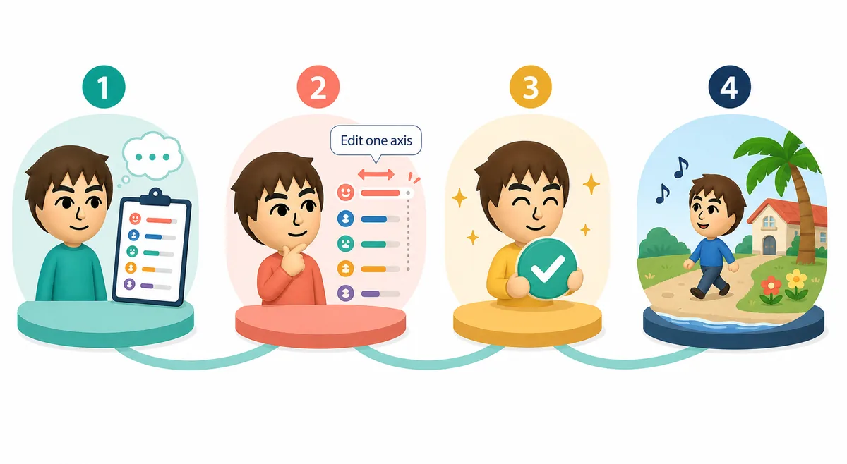 Editorial step flow for recording a Mii profile, changing one trait, saving, and observing the result