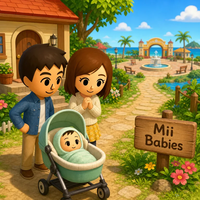 Conceptual Tomodachi Life island scene with two Mii-like residents and a baby stroller