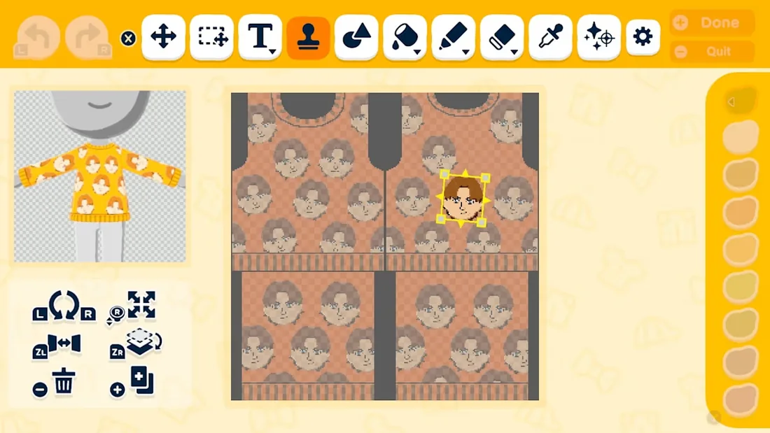 Official Tomodachi Life clothing editor with a shirt preview, drawing controls, and a repeated pattern layout