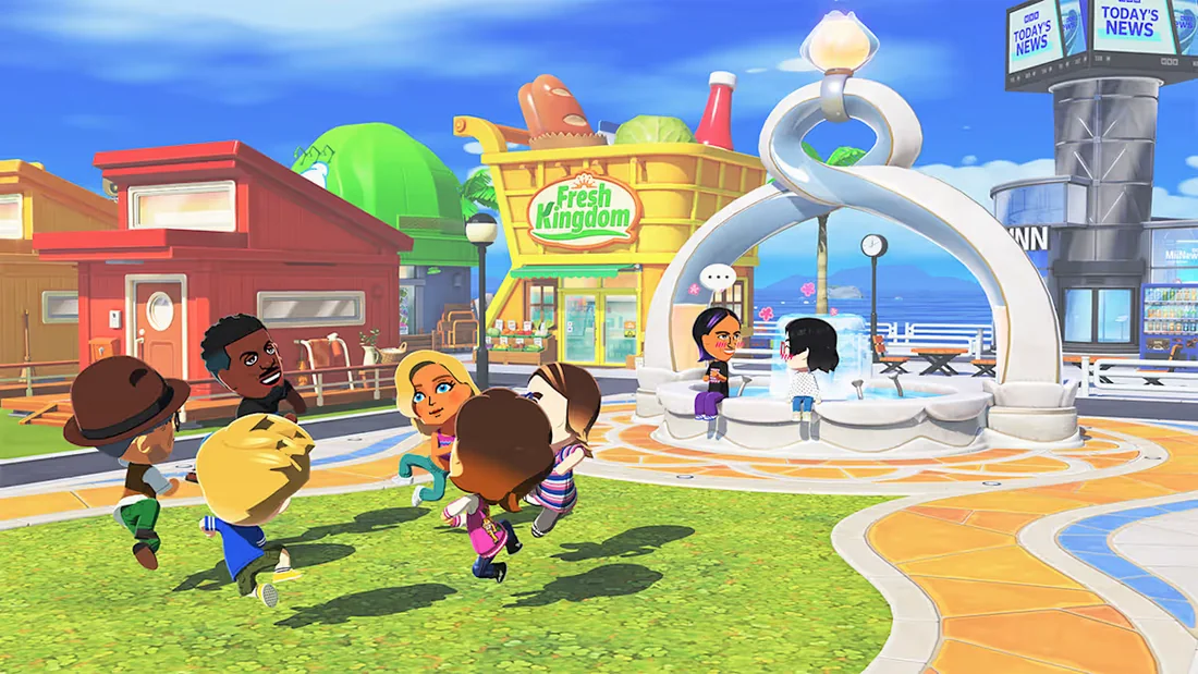 Nintendo's official Tomodachi Life gallery showing Miis in varied outfits at a plaza