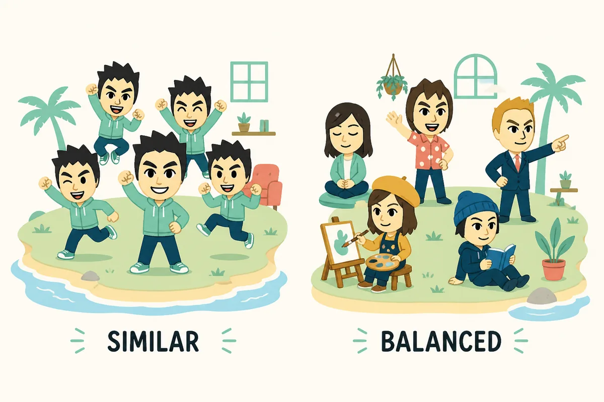 Conceptual comparison between a group of similar energetic Miis and a balanced island cast