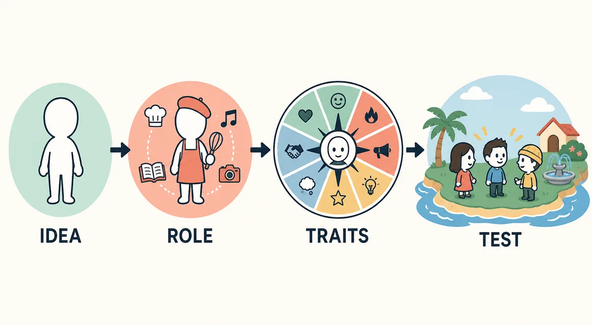 Step flow from a blank Mii concept to a role, trait choices, and an island group test