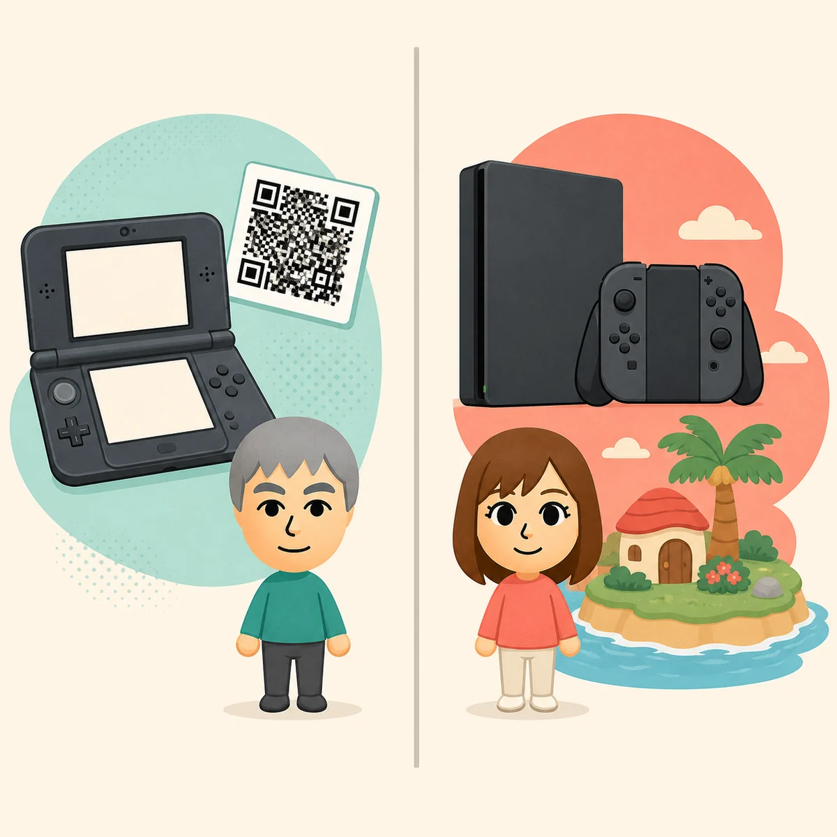 Conceptual comparison separating classic 3DS QR sharing from a newer Tomodachi Life release context