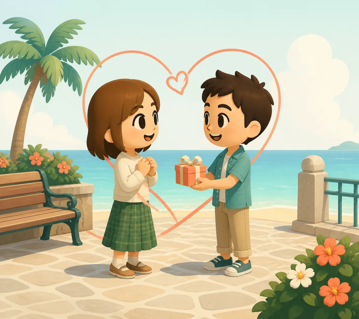 Two customizable island residents sharing a gift while a heart motif represents a planned Mii relationship