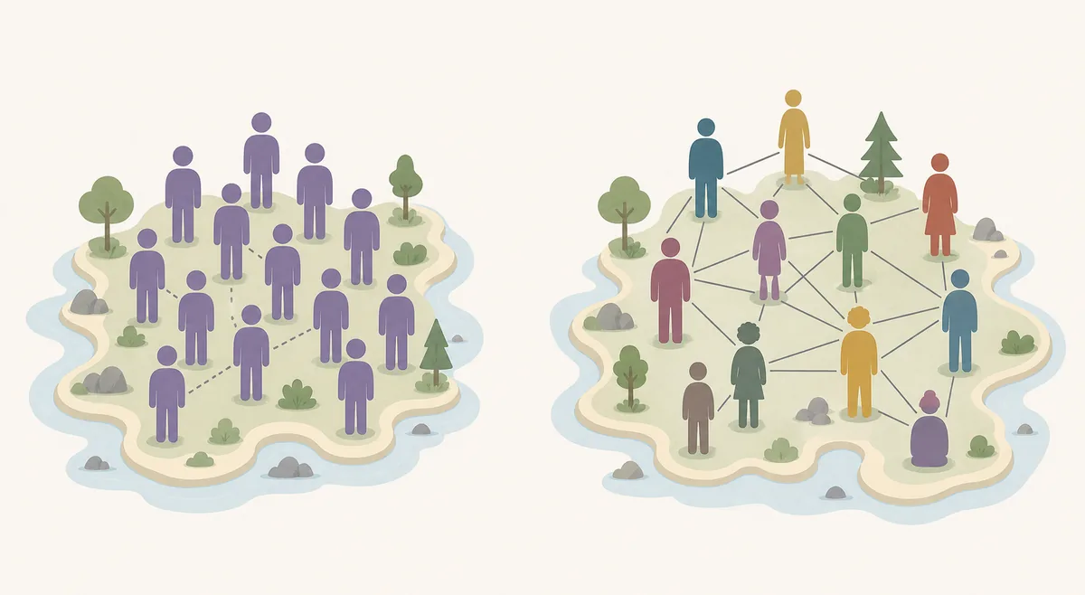Comparison illustration showing a same-type island group and a balanced personality mix