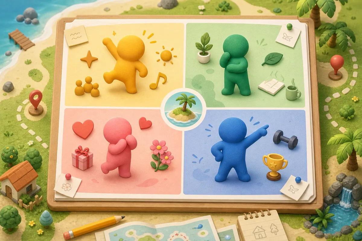 Illustrated island planning board showing four Tomodachi Life personality quadrants