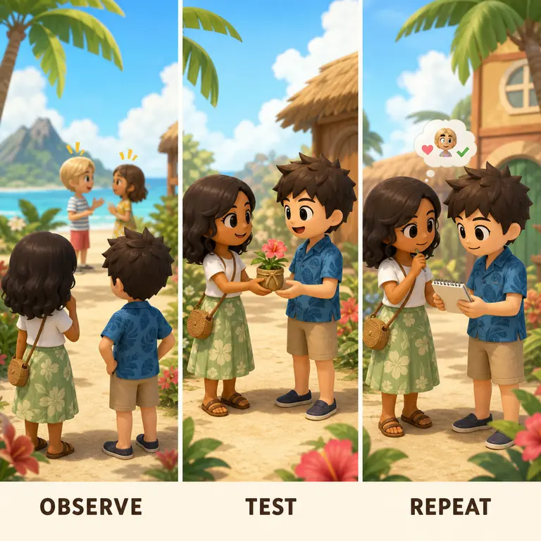 Editorial step flow showing how to observe a conversation test one change and repeat the relationship check